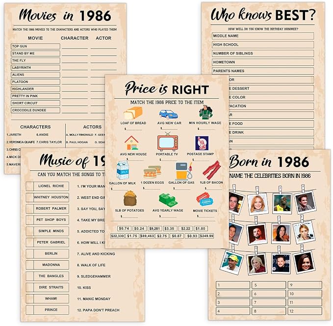 QUPT 40th Birthday Party Games, Born in 1986 Games Bundle, Set of 5 Activities for 10 Guests, Birthday Party Supplies for Adults, Pack of 50 Cards
