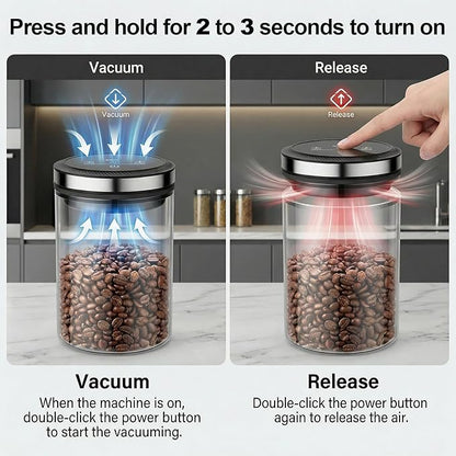 GVODE Vacuum Coffee Canister 1.6-Liter Capacity Coffee Storage Container, Ounce/Milliliter Scale Bar, High Borosilicate Glass, 4500 Hours Battery Life - Coffee Canister & Coffee Bean Storage