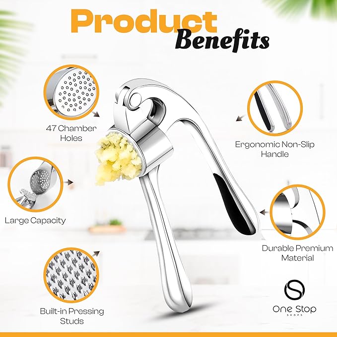 Garlic Press Premium 3 Piece Set - Dishwasher Safe Professional Mincer with Soft Ergonomic Handle, Silicone Peeler, and Cleaning Brush