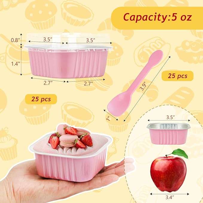 LNYZQUS Mini Cake Pans with Lids 25 Pack,5oz Foil Individual Cupcake Baking Cups for Oven, Small Muffin Tin Single Baking Containers, Disposable Ramekins for Valentine Holiday Bake Sale-Pink