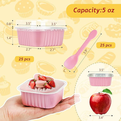 LNYZQUS Mini Cake Pans with Lids 25 Pack,5oz Foil Individual Cupcake Baking Cups for Oven, Small Muffin Tin Single Baking Containers, Disposable Ramekins for Valentine Holiday Bake Sale-Pink