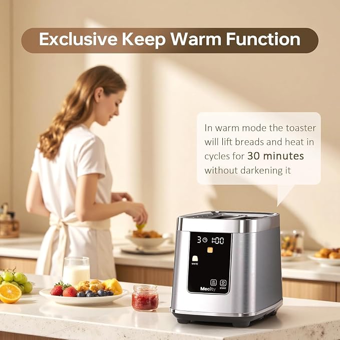 Mecity Motorized Toaster 2 Slice with Touch Screen, Stainless Steel Smart Toaster, 8 Bread Types, 5 Shade Levels, 1200W High Power, Keep Warm Mode, Reheat Defrost Functions, 120V