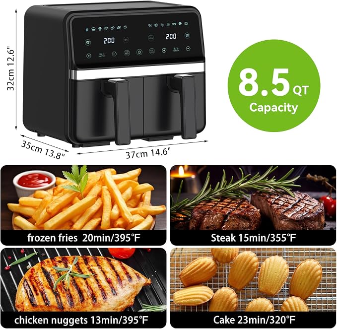 4QT+4QT Dual Basket Air Fryer - Digital Touchscreen, Smart Sync Finish,Auto Shutoff, 2 Independent Nonstick Dishwasher-Safe Frying Baskets - 8 Quart Digital Double Air Fryer