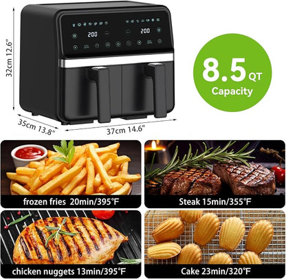 4QT+4QT Dual Basket Air Fryer - Digital Touchscreen, Smart Sync Finish,Auto Shutoff, 2 Independent Nonstick Dishwasher-Safe Frying Baskets - 8 Quart Digital Double Air Fryer