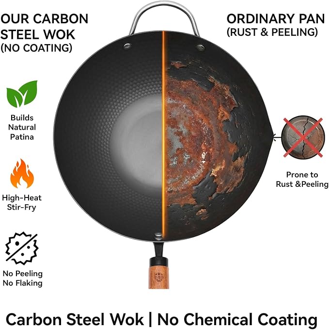 WANGYUANJI Carbon Steel Wok Pan, 12.6 Inch Flat Bottom Stir Fry Pan with Lid, Uncoated Heavy Duty Iron Wok for Induction and Gas Stoves