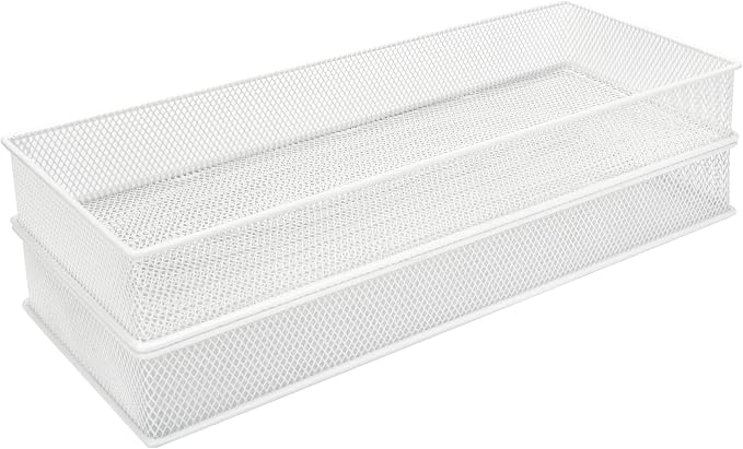 Annova Mesh Stackable Drawer Cabinet and Shelf Organizer Bins Storage Basket School Office Supply Holder Tray- Set of 2 (White, 6x15x2 Inch)