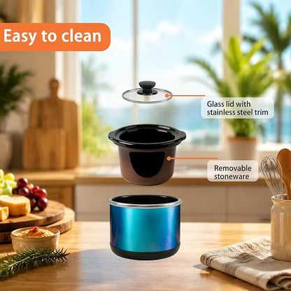 Mini Slow Cooker, 0.65 Qt Capacity small slow cooker, Ceramic Pot, Nutrient Loss Reduction, For Sauces, Stews & Dips, Round (Sapphire glitter)