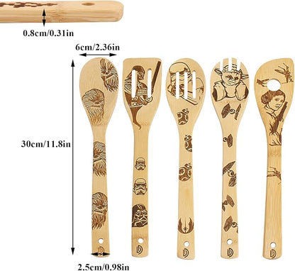 5 PCS Star Cooking Spoons - Burned Wooden Spoon Carved, Organic Bamboo Utensils, Star Gifts for Women Premium Quality Cooking Gifts for Housewarming and Wedding