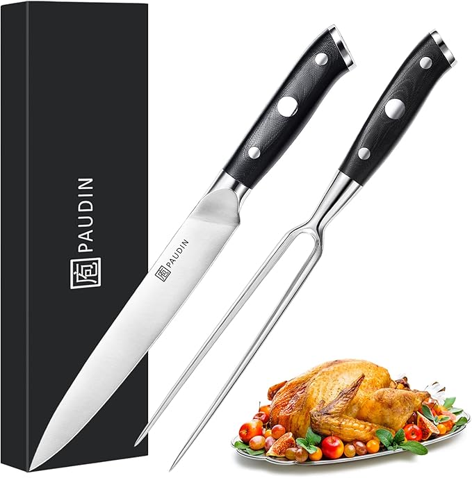 PAUDIN Carving Knife Set, 8 inch German High Carbon Stainless Steel Meat Slicing Knife with 7 inch Turkey Fork, Ergonomic Full Tang G10 Handle, Dishwasher Safe,BBQ Brisket Slicer,Cooking Gifts for Men
