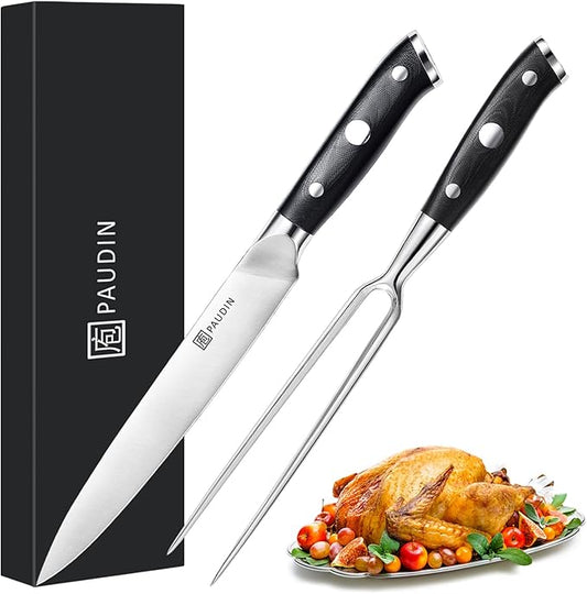 PAUDIN Carving Knife Set, 8 inch German High Carbon Stainless Steel Meat Slicing Knife with 7 inch Turkey Fork, Ergonomic Full Tang G10 Handle, Dishwasher Safe,BBQ Brisket Slicer,Cooking Gifts for Men