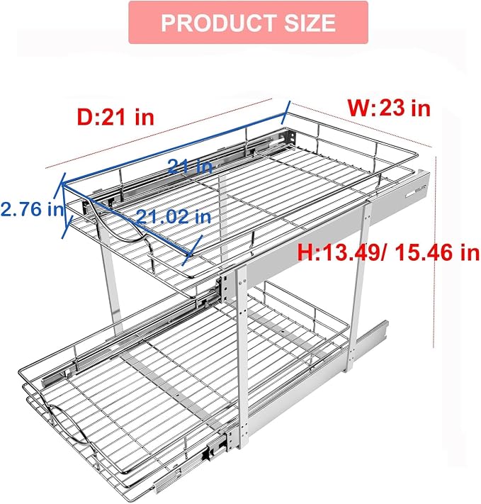 Sikarou Pull Out Cabinet Organizer 23" W x 21" D 2-Tier Individual Slide Out Drawer Pantry Shelf Storage for Kitchen Base Cabinet Organization for Kitchen, Bathroom, Pantry, Chrome