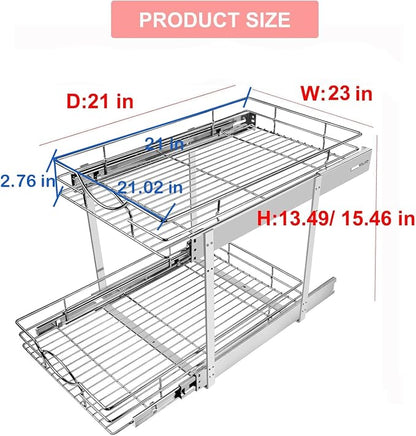 Sikarou Pull Out Cabinet Organizer 23" W x 21" D 2-Tier Individual Slide Out Drawer Pantry Shelf Storage for Kitchen Base Cabinet Organization for Kitchen, Bathroom, Pantry, Chrome