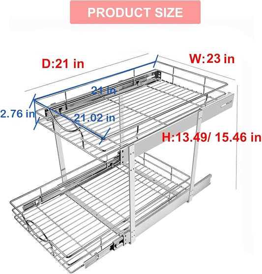 Sikarou Pull Out Cabinet Organizer 23" W x 21" D 2-Tier Individual Slide Out Drawer Pantry Shelf Storage for Kitchen Base Cabinet Organization for Kitchen, Bathroom, Pantry, Chrome