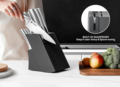 Block Knife Sets - Kitchen Knives Set with Block and Sharpener, Ultra Sharp Chef Knife, High Carbon Super German Stainless Steel, Ergonomic Handle Non Slip Grip, Gift for Men Women, Silver Wolf Series