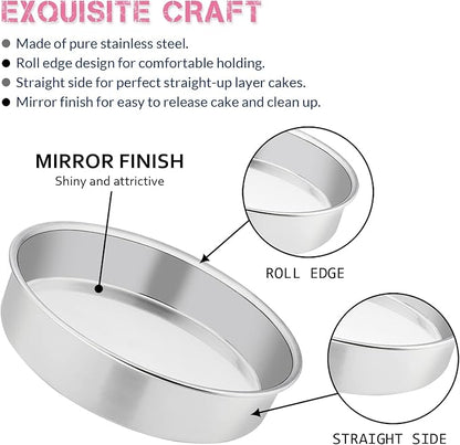E-far 8 Inch Cake Pan Set of 3, Stainless Steel Round Layer Cake Baking Pans, Non-Toxic & Healthy, Mirror Finish & Dishwasher Safe