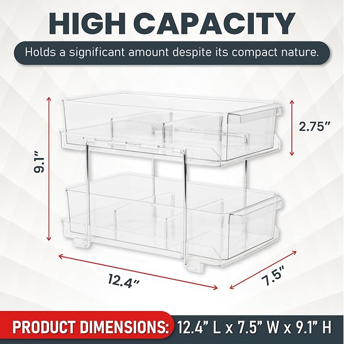 Masirs 2-Tier Clear Pull-Out Drawer Organizer - Sleek, Compact & Sturdy Makeup and Closet Organizer - Easy Assembly Kitchen Storage Solution, Ideal for Makeup, Tools, Medicines & Snacks
