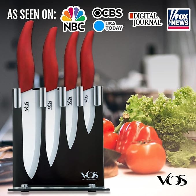 Vos Ceramic Knife Set, Ceramic Knives Set For Kitchen, Ultra Sharp Kitchen Knife Set with Covers, 3" 4" 5" 6" Paring, Santoku, Chef Knife & Utility, Lightweight, Dishwasher safe (Red with Block)