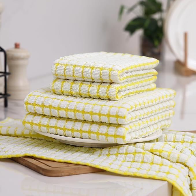 Homaxy Kitchen Towels and Dishcloths Set, 16 x 25 and 12 x 12 Inches, Set of 12 Cotton Terry Kitchen Dish Towels, Super Soft and Absorbent Dish Cloths, Yellow