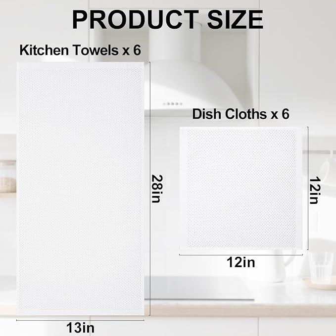 Homaxy 100% Cotton Kitchen Towels and Dishcloths Set, 12 x 12 Inches and 13 x 28 Inches, Set of 12 Bulk Kitchen Towels Set, Ultra Soft Absorbent Dish Cloths for Washing Dishes, White