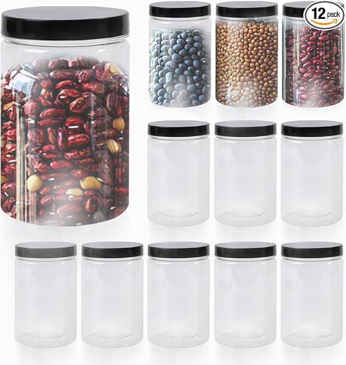 12 pcs 22 oz Plastic Jars with Lids, Wide Mouth Large Storage Containers, Clear Mason Jars Bulk for Home Food Candy Organizing Kitchen