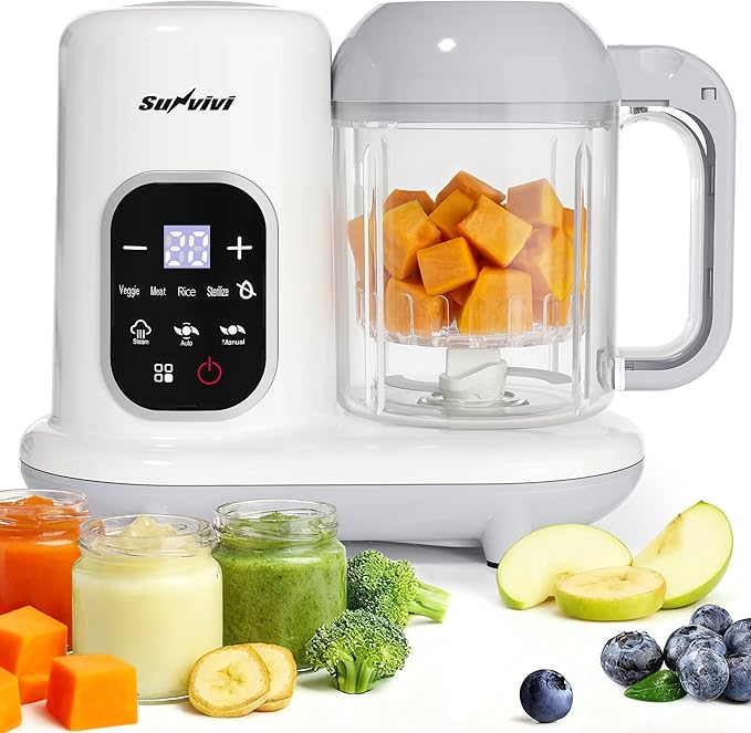 Sunvivi Baby Food Maker: All-in-one Baby Food Processor with Steam, Heating, Unfreeze, Blender, Electric Blender and Food Processor Combo with Self Clean LCD Display, Baby Food Steamer Grinder White