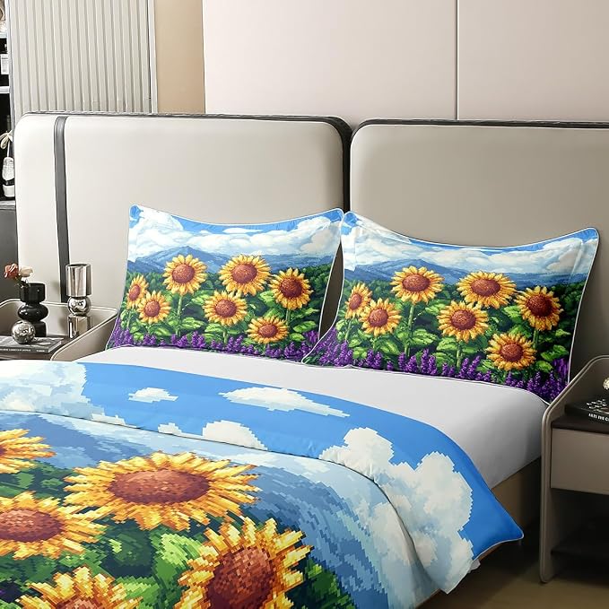 Castle Fairy Sunflower Duvet Cover Set 100% Natural Cotton Twin Size Pixelated Style Super Soft Bedding Set (No Filler) 2 PCS Video Games Cotton Comforter Cover for Bedroom Decor