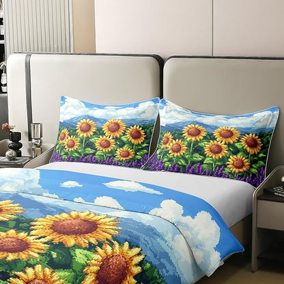 Castle Fairy Sunflower Duvet Cover Set 100% Natural Cotton Twin Size Pixelated Style Super Soft Bedding Set (No Filler) 2 PCS Video Games Cotton Comforter Cover for Bedroom Decor