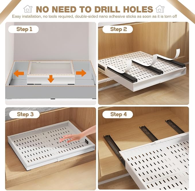 Seinloes Pull Out Cabinet Organizer, 4-Side Expandable to Fit Most Cabinets, 3 Rail Slide Out Drawers with Raising Pad for Framed & Frameless Cabinets, 11"-16" W x 17"-24" D, White, 2 Pack