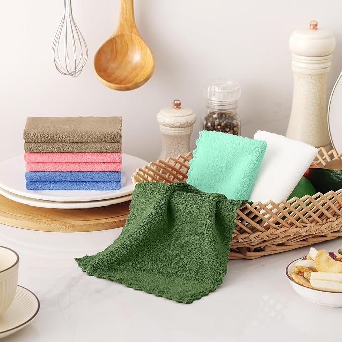 Kitinjoy 24 Pack Kitchen Dish Cloths, Super Soft and Absorbent Dish Cloths, Coral Velvet Microfiber Cleaning Cloth (7" x 9", Tan/Sky Blue/Pink/Grass Green/Green/White)
