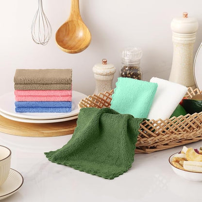Kitinjoy 24 Pack Kitchen Dish Cloths, Super Soft and Absorbent Dish Cloths, Coral Velvet Microfiber Cleaning Cloth (7" x 9", Tan/Sky Blue/Pink/Grass Green/Green/White)