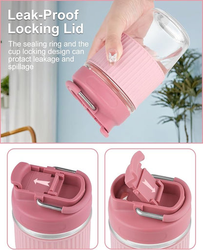 Sivaphe Reusable Glass Ice Hot Coffee Cup 12 oz, Portable Travel Mug with Spill-Proof Lid and Thermal Sleeve for Home Office Pink