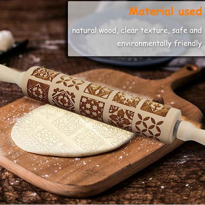 Embossed Rolling Pin - 3D Wooden Engraved Christmas Square Deep Laser Engraved DIY Tool for Kids and Adults to Make Cookie Dough Crusts Pies Pastry