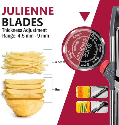 Masthome Adjustable Mandoline Slicer, Thin to 9mm Slice, 4.5mm & 9mm Julienne - Vegetable Cutter for Potato Carrot Onion - Stainless Steel - with Glove & Brush (Red)