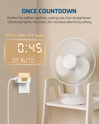 DEWENWILS Indoor Countdown Timer Outlet, Digital Timers for Electrical Outlets Indoor with Repeat, Auto Shut Off for Fan, Lights, Charger, Curling Iron, Hair Straightener, 15A/1000W, 1/2 HP, 2 Pack