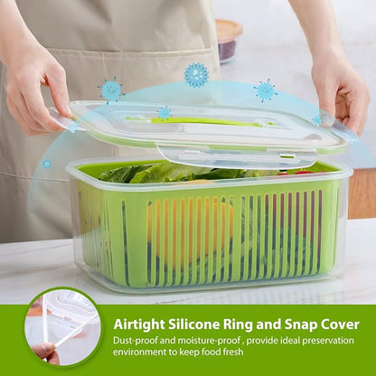 LUXEAR Fruit Vegetable Produce Storage Saver Containers with Lid & Colander 5 Packs BPA-Free Plastic Fresh Keeper Set | Refrigerator Fridge Organizer | for Salad Berry Lettuce Food Celery - Green