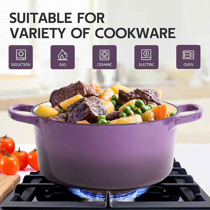 6 Quart Dutch Oven Enameled Cast Iron with Lid - Big Dual Handles - Oven Safe up to 500°F - Classic Round Pot for Versatile Cooking Purple