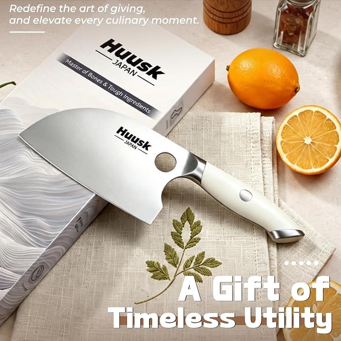 Huusk Professional Serbian Chef Knife, Full Tang Meat Cleaver with Ivory White Ergonomic Handle, Ultra Sharp Kitchen Knife for Vegetables & Meat Butchering Chopping Gift for Women Men
