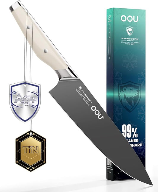 OOU 8 Inch Chef Knife, German 1.4116 Stainless Steel Kitchen Knife, Gunmetal Blade with AgShield & TinSharp Finish, Balanced ABS Handle, Sharp Cooking Knife for Meat, Vegetables and Daily Prep