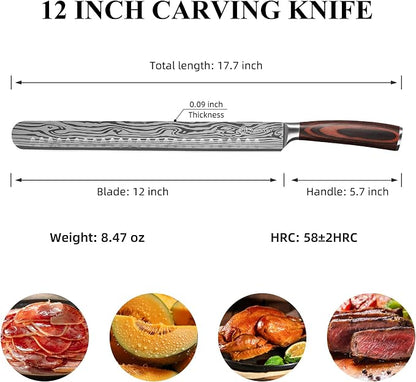 Sunnecko 12 Inch Carving Knife,Ultra Sharp High Carbon German Stainless Steel Brisket Slicing Knife for BBQ, Roasts, Turkey