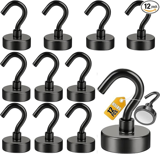 DIYMAG Magnetic Hooks, 85 LB Black Heavy Duty Strong Magnet with Hook, Rare Earth Neodymium Magnets for Hanging, Magnetics Hanger for Curtain, Home, Kitchen, Workplace, 12 Packs,