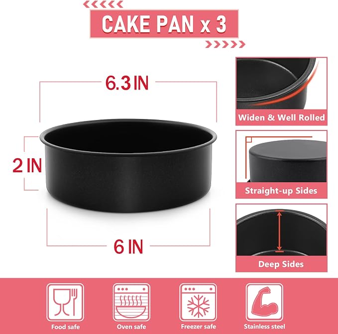 E-far 6 Inch Cake Pan Set of 3, Nonstick Stainless Steel Small Round Cake Pans Tin for Baking Layer Cakes, Stainless Steel Core & Non-toxic Coating, Straight Side & 2 Inch Deep