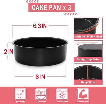 E-far 6 Inch Cake Pan Set of 3, Nonstick Stainless Steel Small Round Cake Pans Tin for Baking Layer Cakes, Stainless Steel Core & Non-toxic Coating, Straight Side & 2 Inch Deep