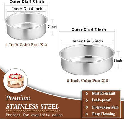 P&P CHEF Cake Pans Sets for Baking, 4" + 4" + 6" + 6" 4 Piece Stainless Steel Round Cake Pans Tin, Oven/Pot/Dishwasher Safe, Combination of Different Sizes, Leak-proof & Easy Clean