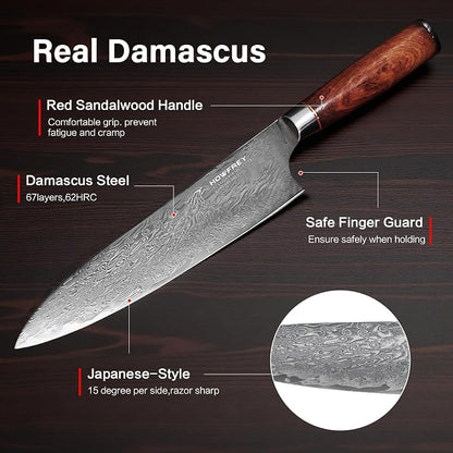 Damascus Chef Knife, 8 Inch 67-Layer Japanese Kitchen Knives Sharp VG-10 High Carbon Stainless Steel with Ergonomic Red Sandalwood Handles, for Home Kitchen Gift Idea