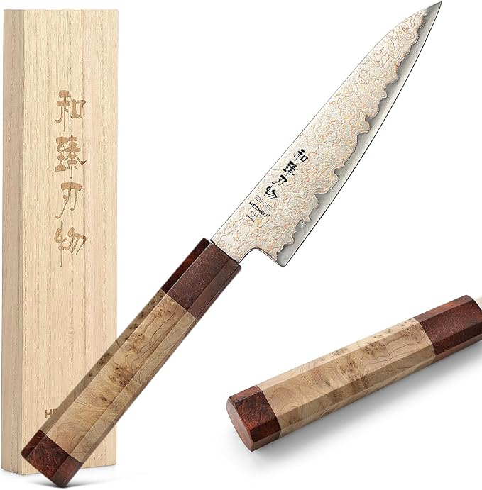 HEZHEN Kitchen Utility Knife, 5.5 Inches, 37 Layers Tricolor Copper Damascus Steel, Vegetable Fruit Knife, for Chefs and Home Cooking Using, Razor Sharp,Sycamore Wood Handle
