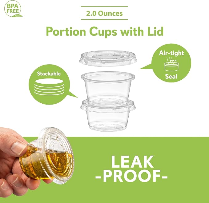 2 oz - 100 Sets Clear Diposable Plastic Portion Cups With Lids, Small Mini Containers For Portion Controll, Jello Shots, Meal Prep, Sauce Cups, Slime, Condiments, Medicine, Dressings, Crafts,