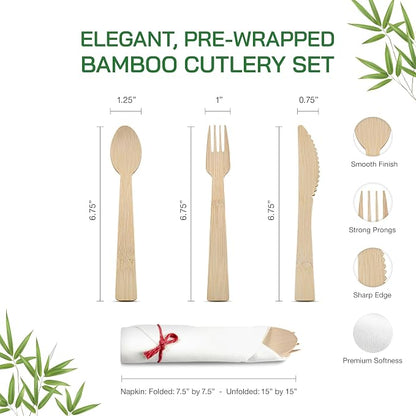 Prerolled Disposable Bamboo Cutlery Set – 150 Pack Pre Wrapped Silverware and Napkin Bundle with Forks, Knives, Spoons for Parties, Weddings, Events, and BBQ (Red String)