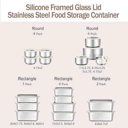 Stainless Steel Food Containers with Glass Lid, Airtight Leakproof Stainless Steel Storage Containers in set of 3, Rectangle Shape, Microwave Safe Food Storage Container Set, 100% Plastic Free