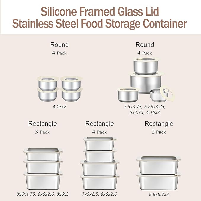 Urban Green Stainless Steel Food Containers with Glass Lid, Airtight Leakproof Stainless Steel Storage Containers in set of 4, small size, Round Shape, Microwave Safe, 100% Plastic Free
