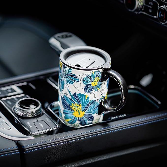 Topadorn 17oz Teal Hibiscus Ceramic Travel Mug with Lid, Floral Coffee Cup with Handle, Spill Resistant Lid, Microwave & Dishwasher Safe, Gift Box Included